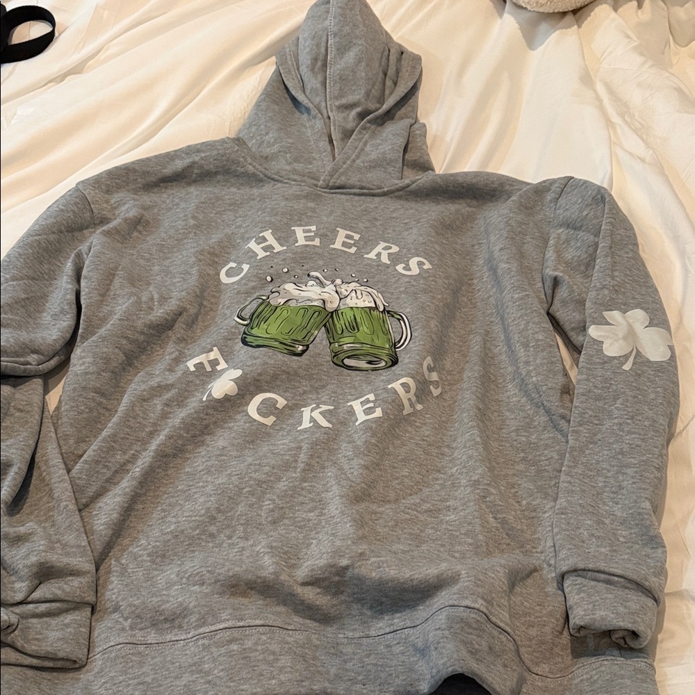 Gray Hooded Sweater with Graphic Print